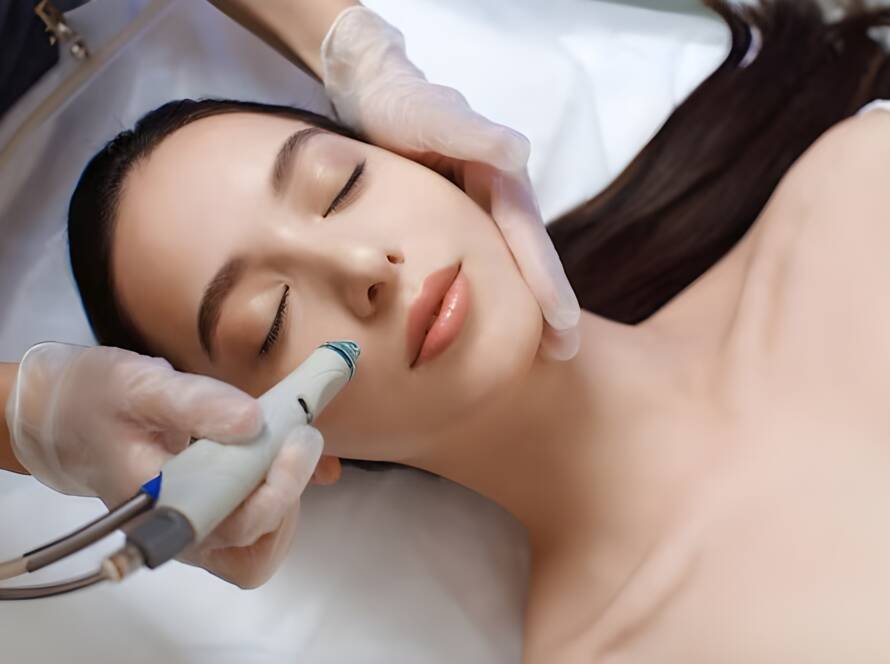 A woman receiving a relaxing HydraFacial treatment at a spa, where a skincare professional uses a specialized device to cleanse, exfoliate, and hydrate her skin for a glowing and refreshed complexion.